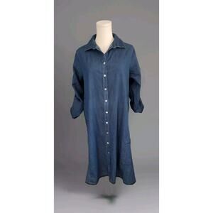Beyond Threads Denim Shirt Dress Long Tab Sleeve Made In Peru Large Pearl Button
